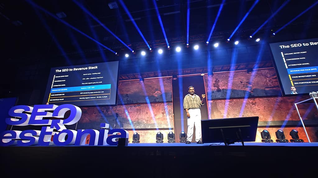 Dinesh Sivapragsam on the stage of SEO Estonia 2026