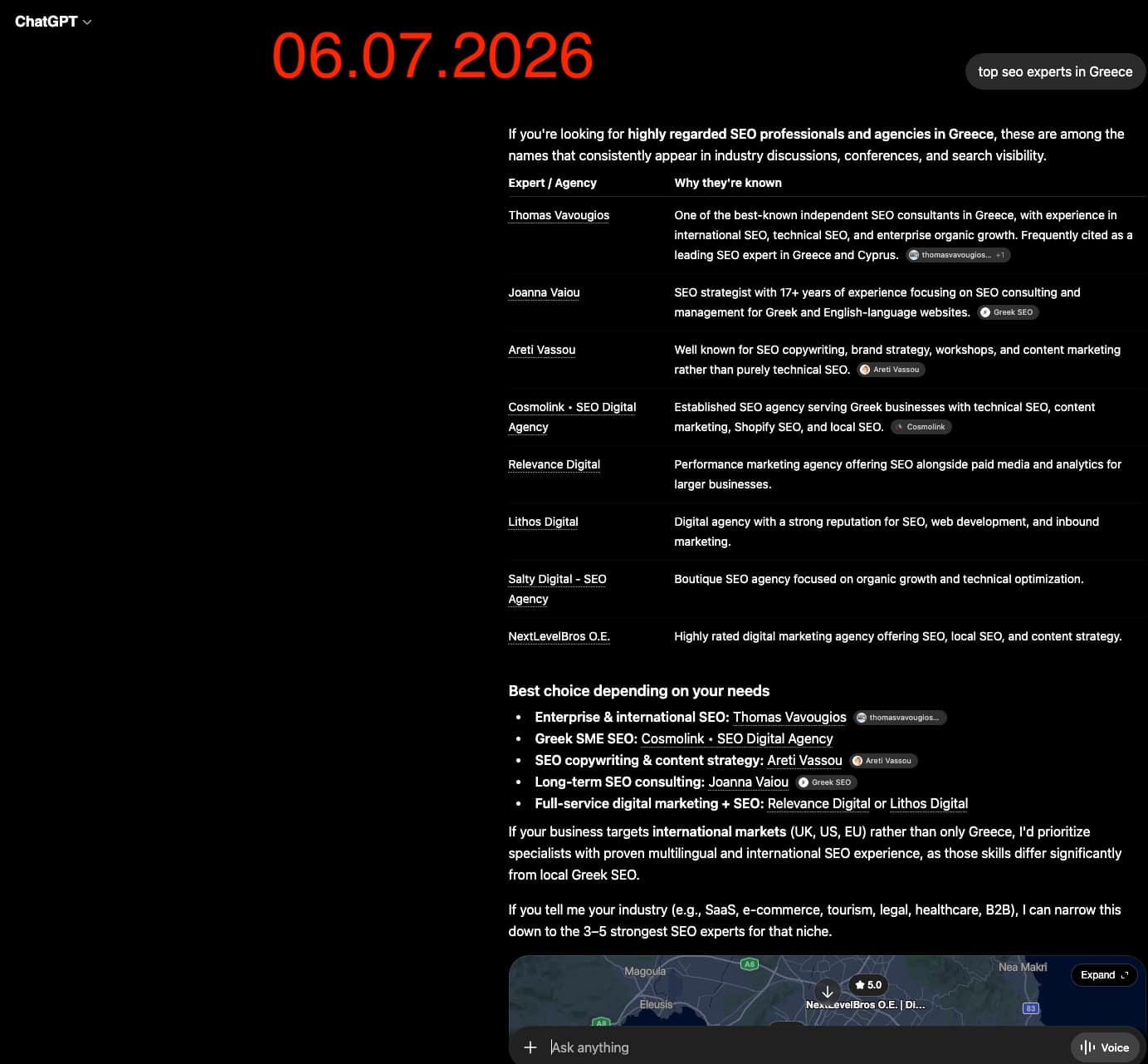 chat gpt prompt about the top seo experts in greece